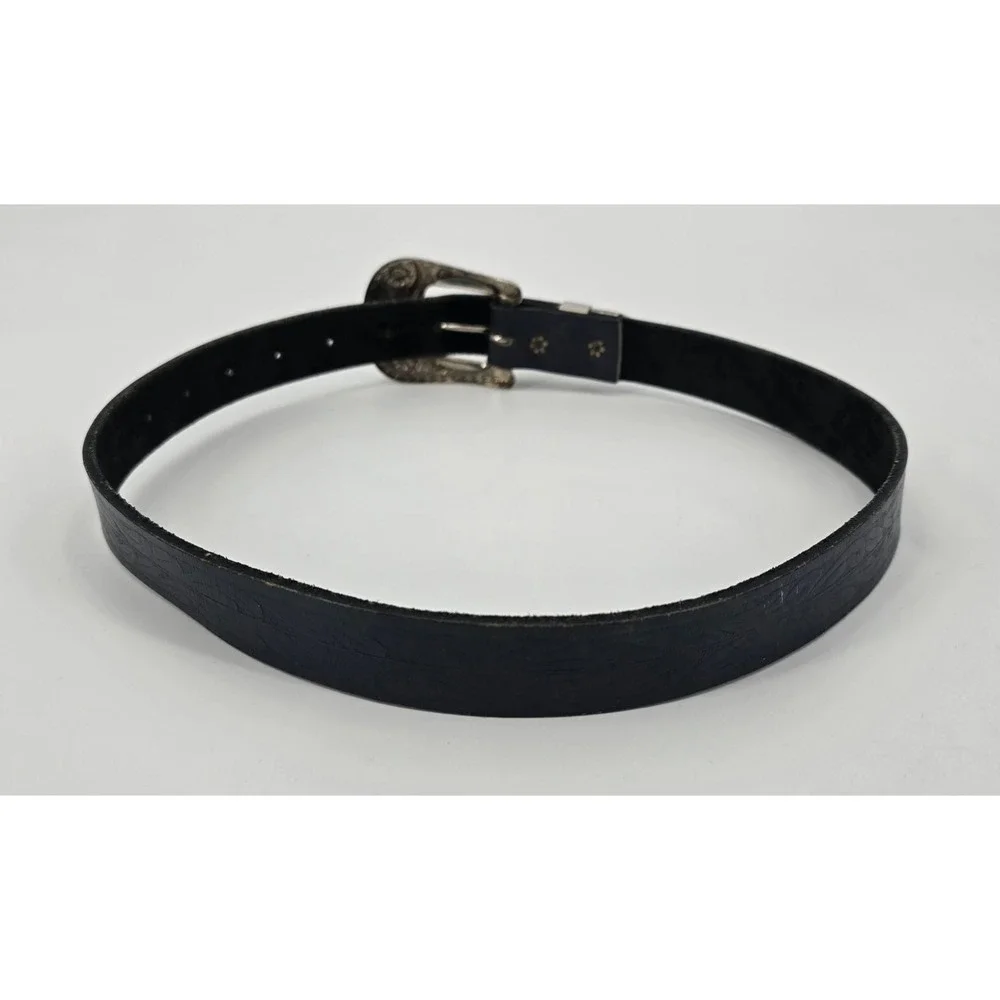 Vintage Navy Leather Western Belt Silver Long Horn Engraved Buckle Cowgirl Y2K